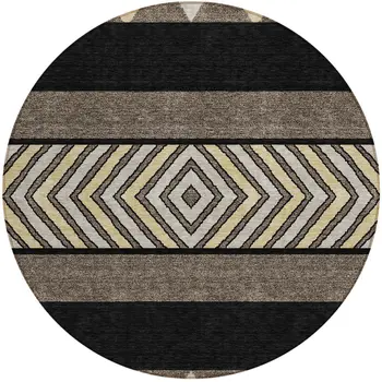 8' Black Ivory And Wheat Round Southwestern Washable Indoor Outdoor Area Rug