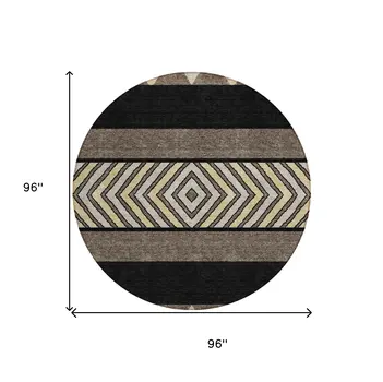 8' Black Ivory And Wheat Round Southwestern Washable Indoor Outdoor Area Rug