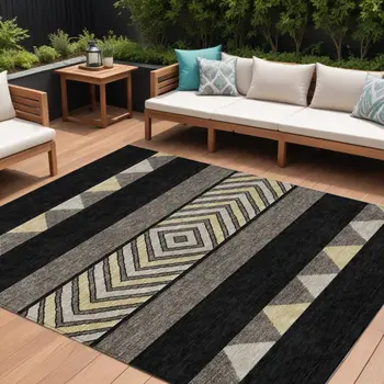 8' X 10' Black Ivory And Wheat Southwestern Washable Indoor Outdoor Area Rug