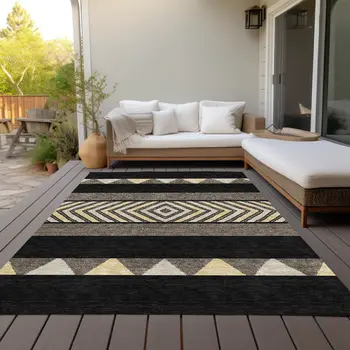 9' X 12' Black Ivory And Wheat Southwestern Washable Indoor Outdoor Area Rug