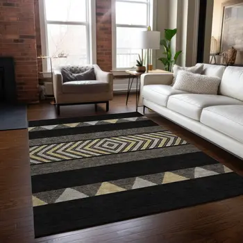 9' X 12' Black Ivory And Wheat Southwestern Washable Indoor Outdoor Area Rug