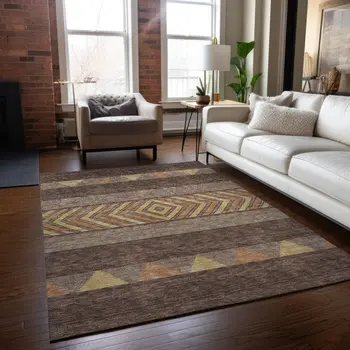3' X 5' Brown Wheat And Copper Southwestern Washable Indoor Outdoor Area Rug