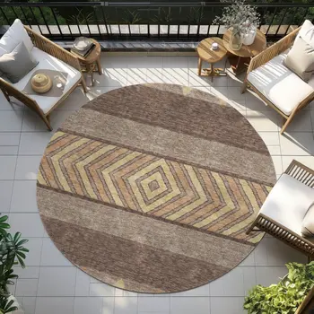 8' Brown Wheat And Copper Round Southwestern Washable Indoor Outdoor Area Rug