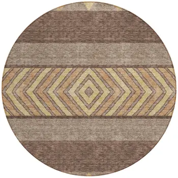 8' Brown Wheat And Copper Round Southwestern Washable Indoor Outdoor Area Rug