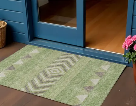 3' X 5' Green Taupe And Ivory Southwestern Washable Indoor Outdoor Area Rug