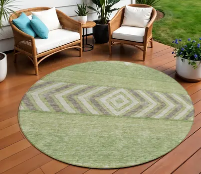 8' Green Taupe And Ivory Round Southwestern Washable Indoor Outdoor Area Rug
