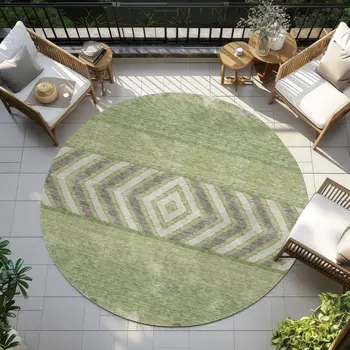 8' Green Taupe And Ivory Round Southwestern Washable Indoor Outdoor Area Rug