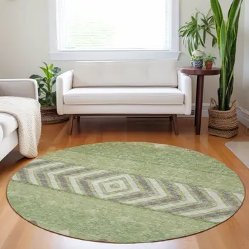 8' Green Taupe And Ivory Round Southwestern Washable Indoor Outdoor Area Rug