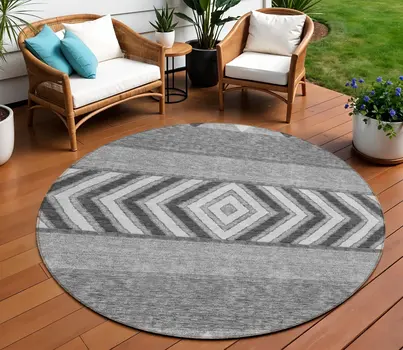 8' Gray Charcoal And Silver Round Southwestern Washable Indoor Outdoor Area Rug