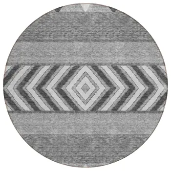 8' Gray Charcoal And Silver Round Southwestern Washable Indoor Outdoor Area Rug