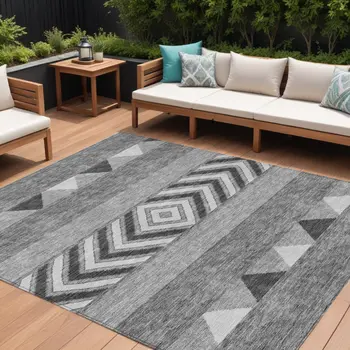 8' X 10' Gray Charcoal And Silver Southwestern Washable Indoor Outdoor Area Rug