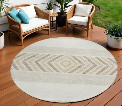 8' Ivory Beige And Taupe Round Southwestern Washable Indoor Outdoor Area Rug