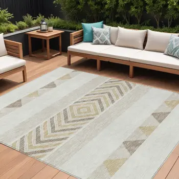 10' X 14' Ivory Beige And Taupe Southwestern Washable Indoor Outdoor Area Rug