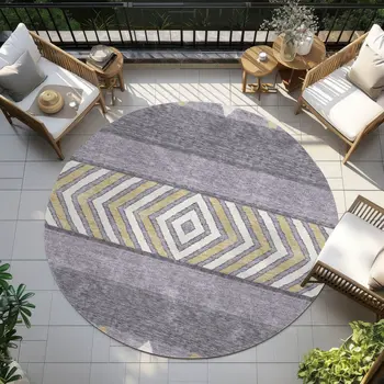 8' Lavender Ivory And Gold Round Southwestern Washable Indoor Outdoor Area Rug