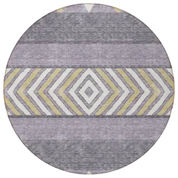 8' Lavender Ivory And Gold Round Southwestern Washable Indoor Outdoor Area Rug