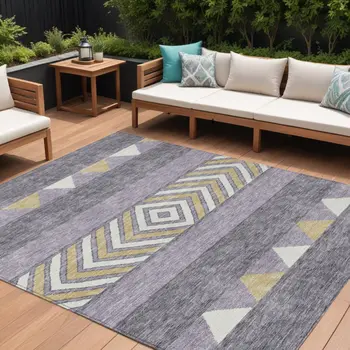8' X 10' Lavender Ivory And Gold Southwestern Washable Indoor Outdoor Area Rug