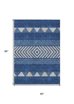 5' X 8' Navy Blue Ivory And Beige Southwestern Washable Indoor Outdoor Area Rug