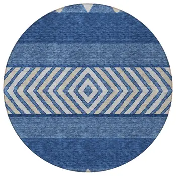 8' Navy Blue Ivory And Beige Round Southwestern Washable Indoor Outdoor Area Rug