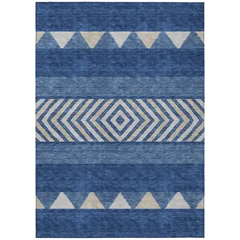 9' X 12' Navy Blue Ivory And Beige Southwestern Washable Indoor Outdoor Area Rug
