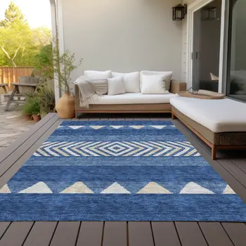 10' X 14' Navy Blue Ivory And Beige Southwestern Washable Indoor Outdoor Area Rug