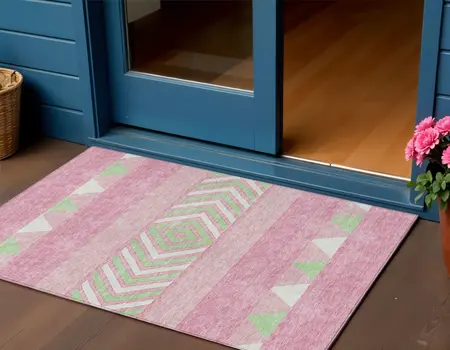 3' X 5' Pink Ivory And Mint Green Southwestern Washable Indoor Outdoor Area Rug