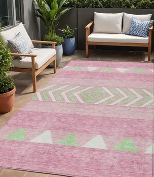 5' X 8' Pink Ivory And Mint Green Southwestern Washable Indoor Outdoor Area Rug