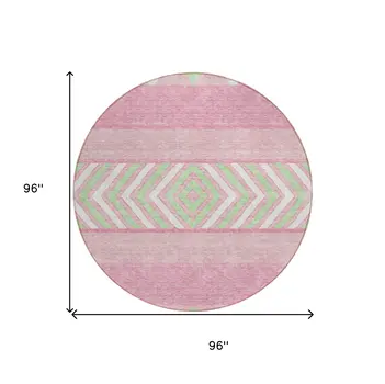 8' Pink Ivory And Mint Green Round Southwestern Washable Indoor Outdoor Area Rug