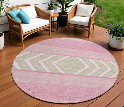 8' Pink Ivory And Mint Green Round Southwestern Washable Indoor Outdoor Area Rug