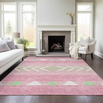 9' X 12' Pink Ivory And Mint Green Southwestern Washable Indoor Outdoor Area Rug
