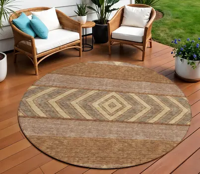 8' Orange Wheat And Taupe Round Southwestern Washable Indoor Outdoor Area Rug