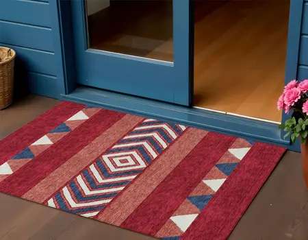 3' X 5' Red White And Navy Blue Southwestern Washable Indoor Outdoor Area Rug