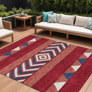 8' X 10' Red White And Navy Blue Southwestern Washable Indoor Outdoor Area Rug
