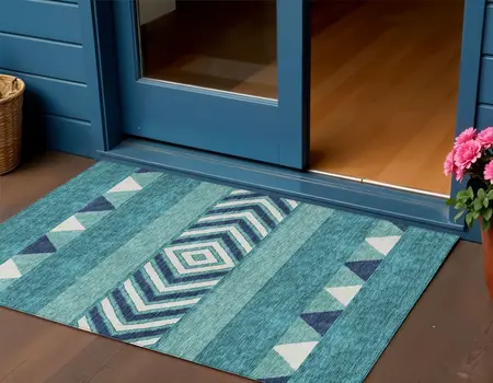 3' X 5' Teal Blue Navy Blue And Ivory Southwestern Washable Indoor Outdoor Area Rug
