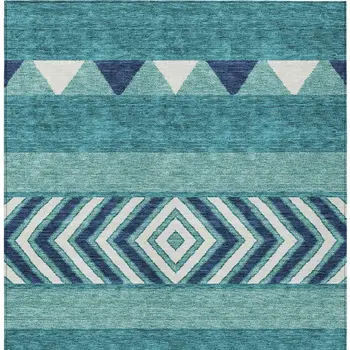 5' X 8' Teal Blue Navy Blue And Ivory Southwestern Washable Indoor Outdoor Area Rug