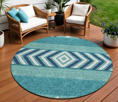 8' Teal Blue Navy Blue And Ivory Round Southwestern Washable Indoor Outdoor Area Rug