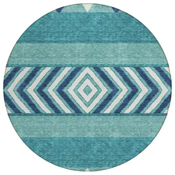 8' Teal Blue Navy Blue And Ivory Round Southwestern Washable Indoor Outdoor Area Rug