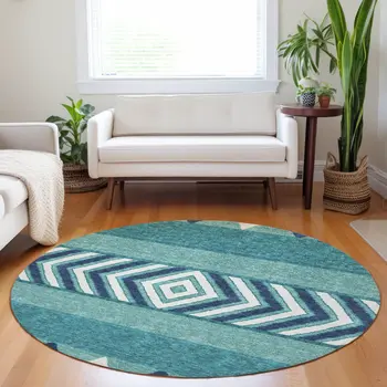 8' Teal Blue Navy Blue And Ivory Round Southwestern Washable Indoor Outdoor Area Rug