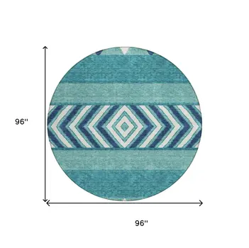 8' Teal Blue Navy Blue And Ivory Round Southwestern Washable Indoor Outdoor Area Rug