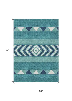 8' X 10' Teal Blue Navy Blue And Ivory Southwestern Washable Indoor Outdoor Area Rug