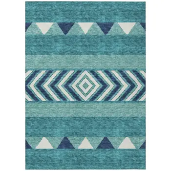 8' X 10' Teal Blue Navy Blue And Ivory Southwestern Washable Indoor Outdoor Area Rug
