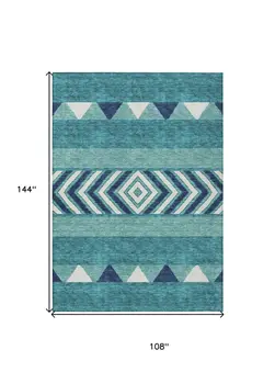 9' X 12' Teal Blue Navy Blue And Ivory Southwestern Washable Indoor Outdoor Area Rug