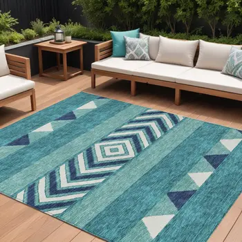 9' X 12' Teal Blue Navy Blue And Ivory Southwestern Washable Indoor Outdoor Area Rug