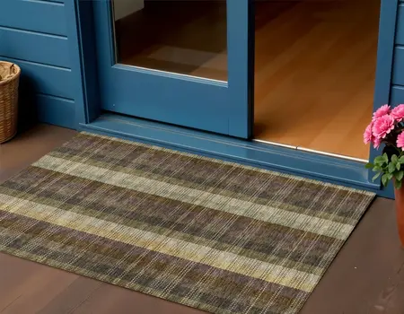 3' X 5' Brown Taupe And Plum Plaid Washable Indoor Outdoor Area Rug