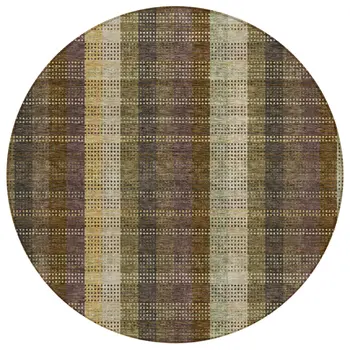 8' Brown Taupe And Plum Round Plaid Washable Indoor Outdoor Area Rug