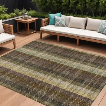 9' X 12' Brown Taupe And Plum Plaid Washable Indoor Outdoor Area Rug