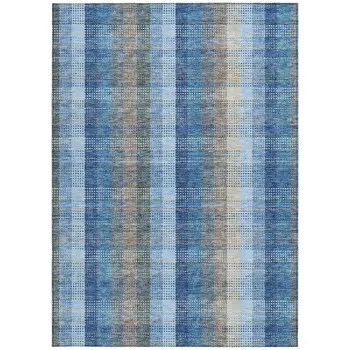 5' X 8' Denim Blue Sky Blue And Beige Plaid Washable Indoor Outdoor Area Rug