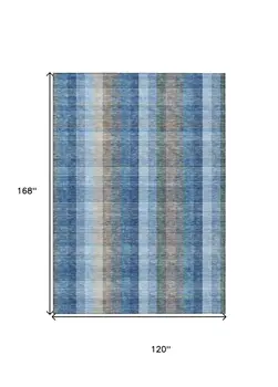 10' X 14' Denim Blue Sky Blue And Beige Plaid Washable Indoor Outdoor Area Rug