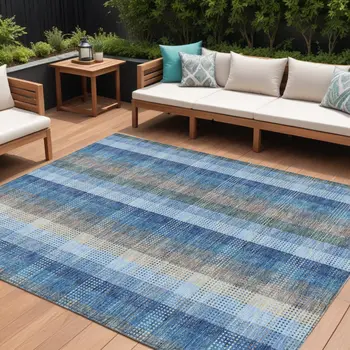 10' X 14' Denim Blue Sky Blue And Beige Plaid Washable Indoor Outdoor Area Rug