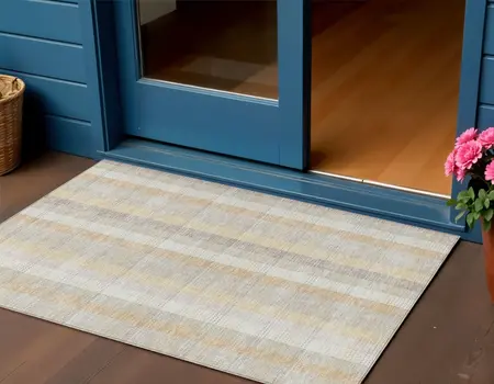3' X 5' Ivory Beige And Tan Plaid Washable Indoor Outdoor Area Rug