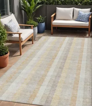5' X 8' Ivory Beige And Tan Plaid Washable Indoor Outdoor Area Rug